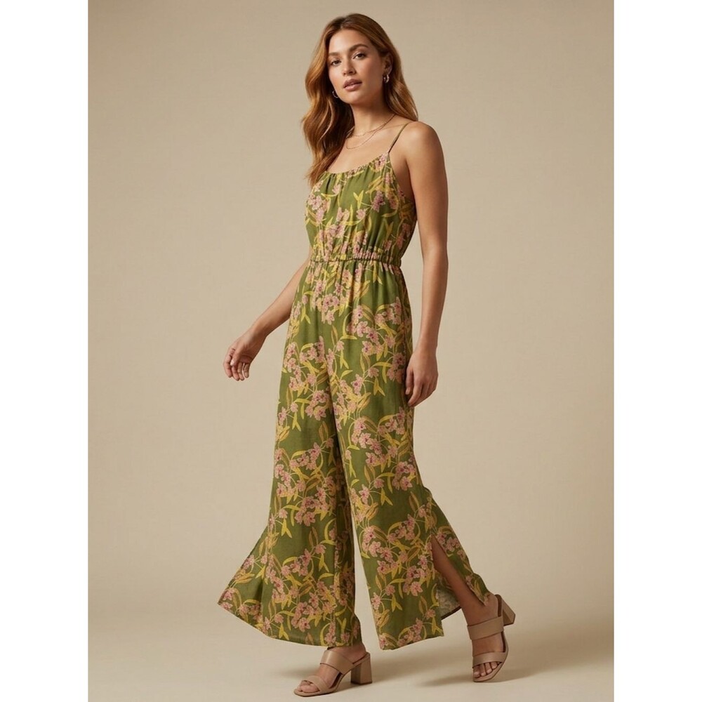 Rachel Zoe Olive and Pink Floral Sleeveless Wide-Leg Jumpsuit